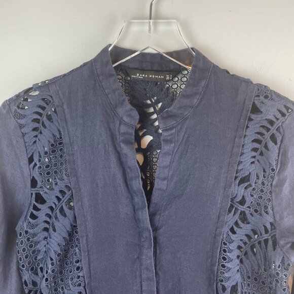 Zara Navy Linen Crochet Leaf Fern Eyelet Lace Tunic Size S - Picture 3 of 6